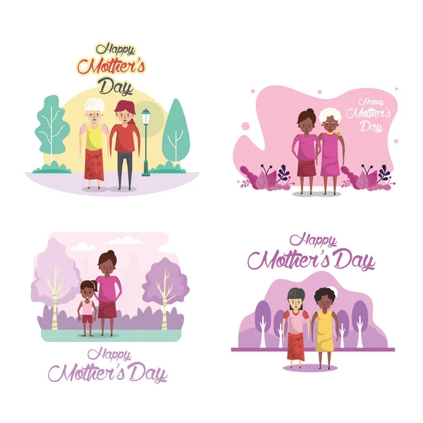 Mãe feliz cartão de dia com avós e filhas personagens — Vetor de Stock