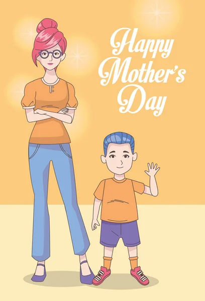 Glückliche Muttertagskarte mit Mutter und Sohn — Stockvektor