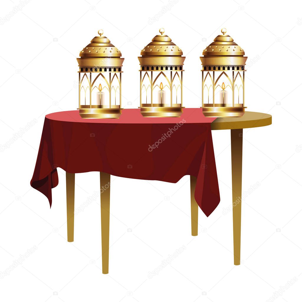 Antique golden magic lamps and candles in table