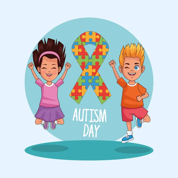 World autism day with kids couple characters — Wektor stockowy