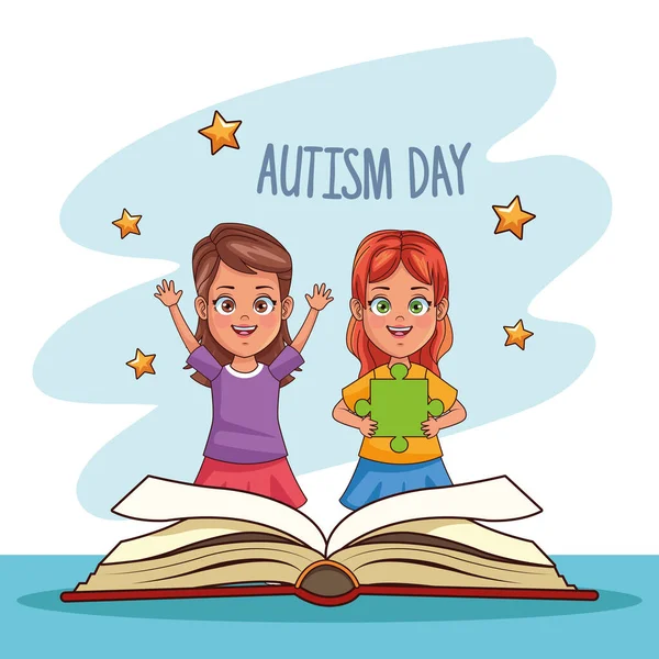 Día mundial del autismo con las niñas y el libro de texto — Archivo Imágenes Vectoriales