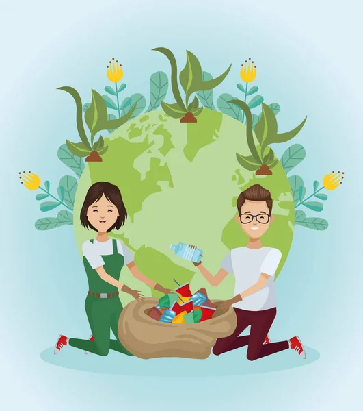 Couple of environmentalists with world planet — Stockvector