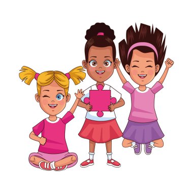 happy interracial girls with puzzle piece characters
