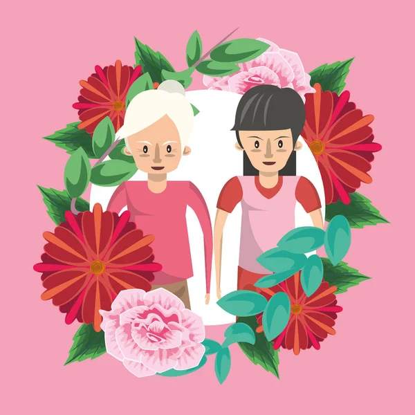 Feliz tarjeta del día de las madres con los personajes de la abuela y la hija — Archivo Imágenes Vectoriales