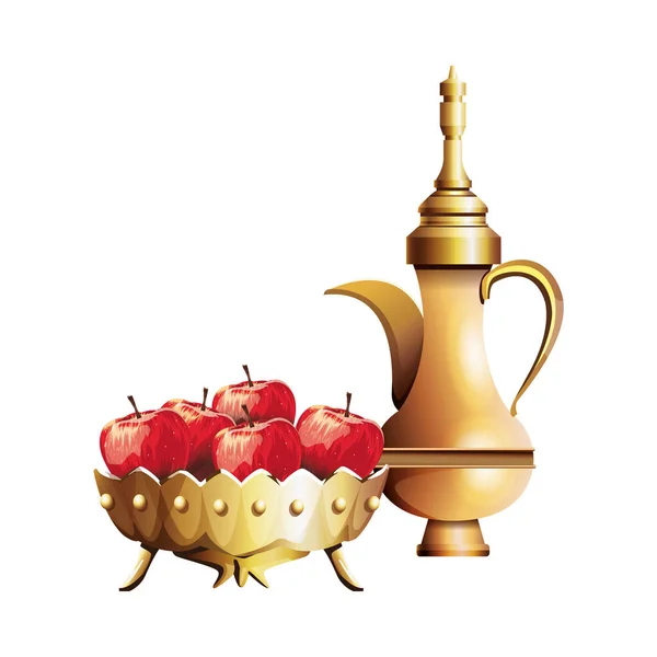 Golden teapot ramadan kareem with apples — Διανυσματικό Αρχείο