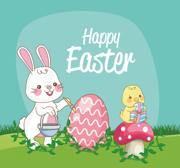 Happy easter seasonal card with chick and rabbit painting egg — Stockvektor