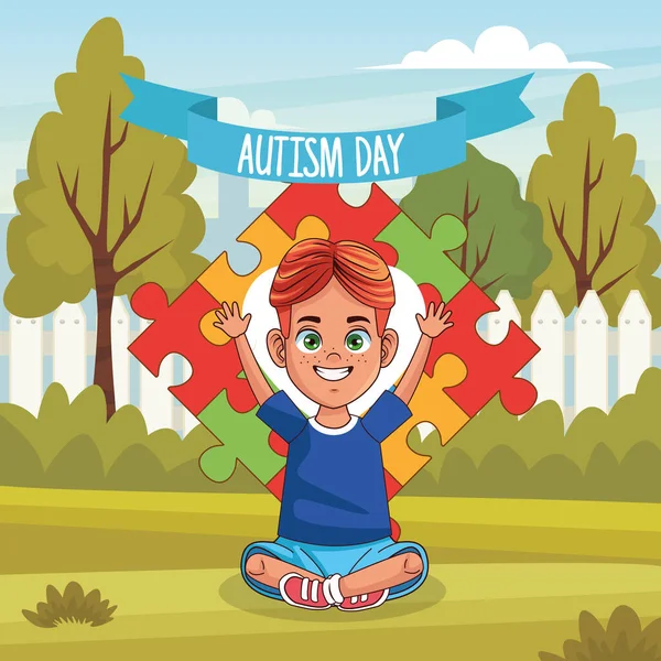 World autism day with boy and puzzle pieces — Wektor stockowy