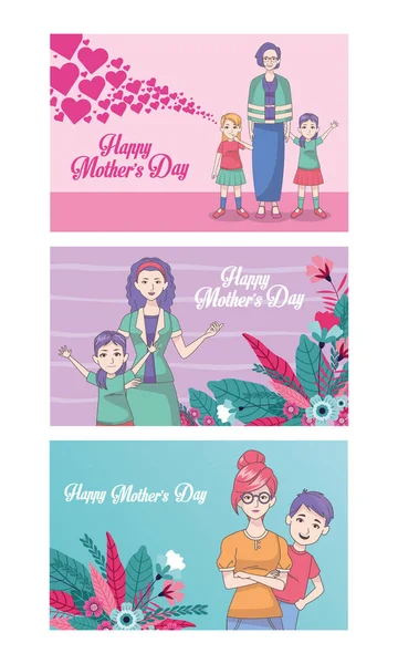 Happy mothers day card with moms and kids — Stockvektor