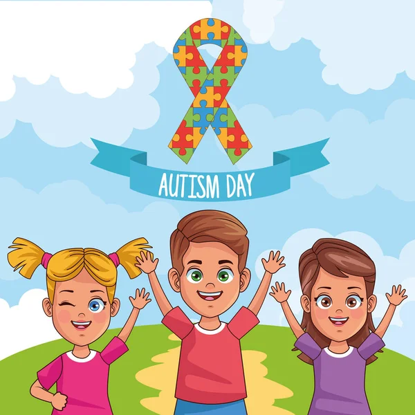 World autism day with kids in the field — Διανυσματικό Αρχείο