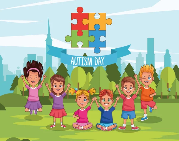 Día mundial del autismo con los niños en el campo — Archivo Imágenes Vectoriales