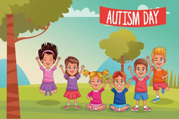 Dia mundial do autismo com as crianças no campo —  Vetores de Stock