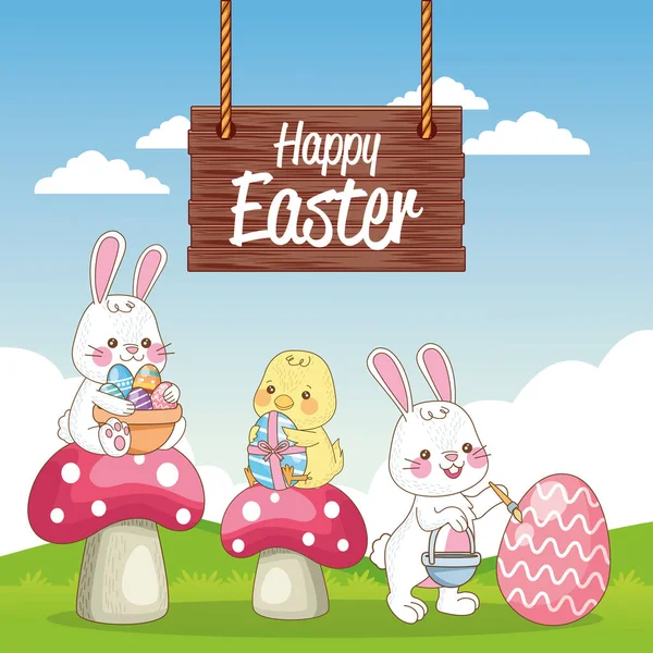 Happy easter seasonal card with rabbits and little chick in camp — 图库矢量图片