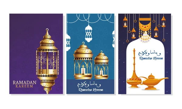 Ramadan Kareem ünnepi kártya lámpások lóg — Stock Vector