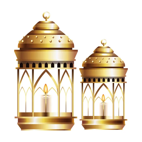 Antique golden magic lamps and candles — Stock Vector