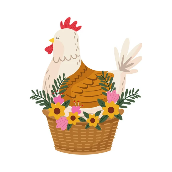 Lindo pájaro gallina con flores en cesta — Vector de stock