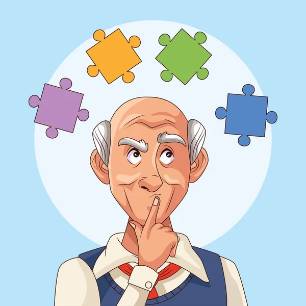 Vecchio paziente di malattia di Alzheimer con pezzi di puzzle — Vettoriale Stock