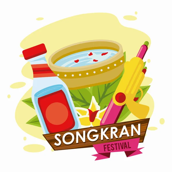 Festa de celebração songkran com tigela e arma de água de brinquedo — Vetor de Stock