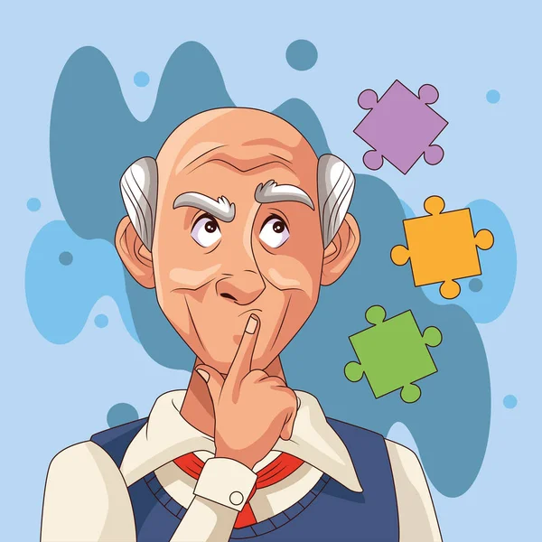 Anciano paciente de alzheimer enfermedad con piezas del rompecabezas — Vector de stock