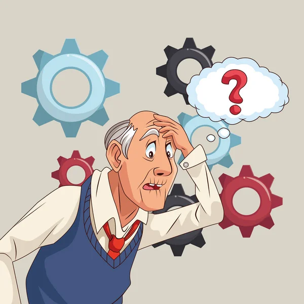 Vecchio paziente di malattia di Alzheimer con segno interrogatorio e ingranaggi — Vettoriale Stock