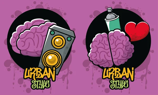 Póster de graffiti de estilo urbano con spray de pintura botella y cerebro — Vector de stock