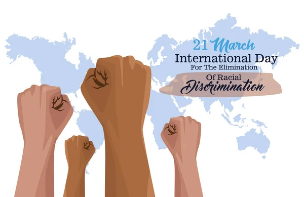 Остановить расизм международный день плакат с руками и планетой Земля — стоковый вектор