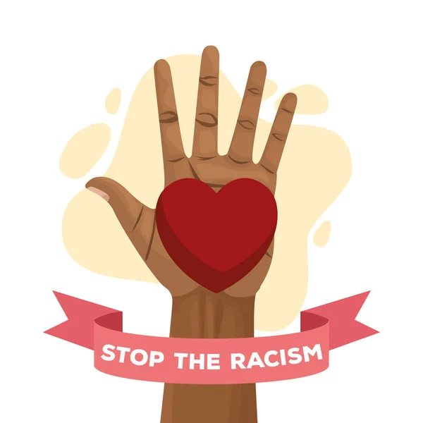 Detener el racismo cartel del día internacional con la mano y el corazón — Archivo Imágenes Vectoriales
