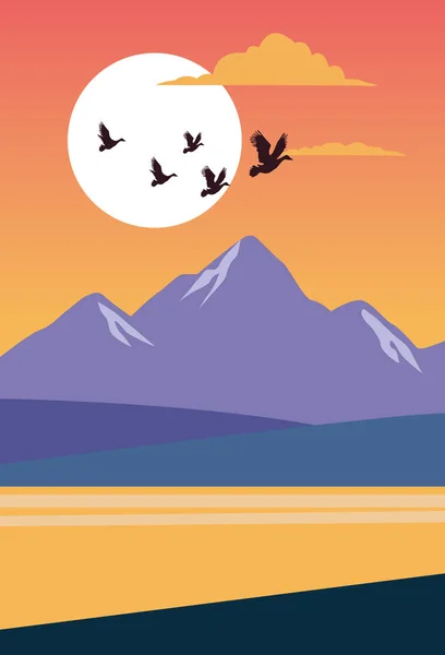 Gyönyörű táj madarakkal és tó jelenet — Stock Vector