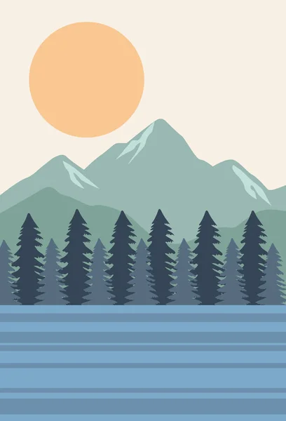 Bela paisagem com pinheiros e cena lago — Vetor de Stock