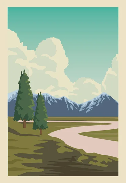 Hermoso paisaje con árboles bosque y montañas — Vector de stock