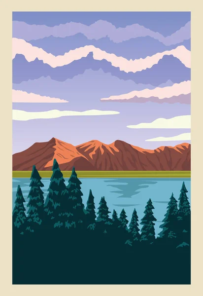 Hermoso paisaje con el lago y el bosque escena — Vector de stock