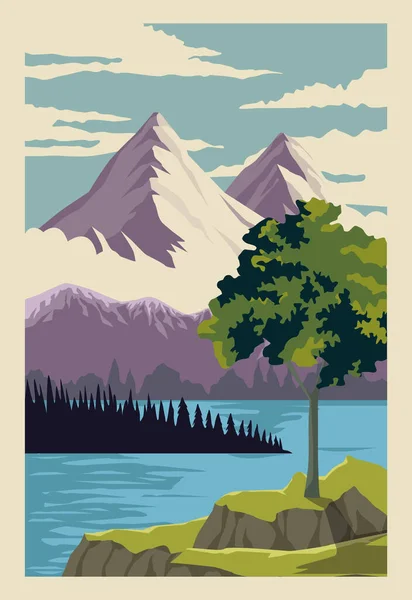 Gyönyörű táj tó és hegyi jelenet — Stock Vector