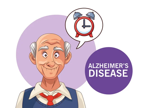 Gubbe patient av alzheimers sjukdom med väckarklocka i talbubbla — Stock vektor