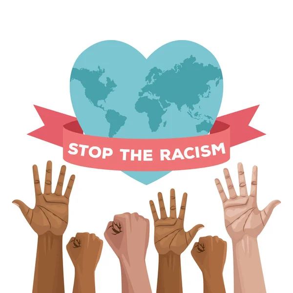 Detener el racismo cartel del día internacional con las manos y el corazón planeta — Archivo Imágenes Vectoriales