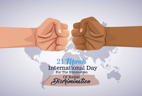 Остановить расизм международный день плакат с руками кулак аварии — стоковый вектор
