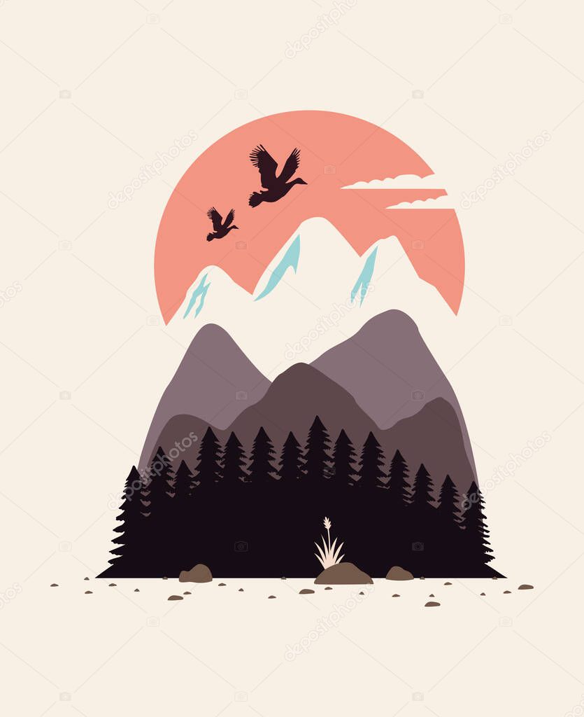 beautiful landscape with birds and mountains