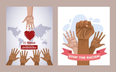 stop racism international day poster with hands and heart planet clipart