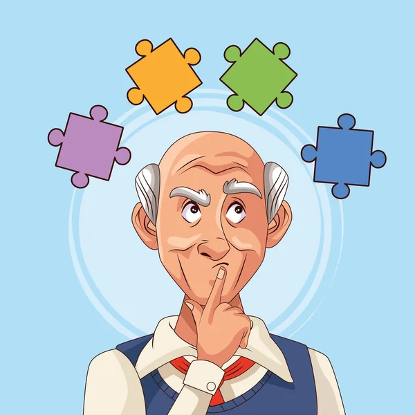 Vecchio paziente di malattia di Alzheimer con pezzi di puzzle — Vettoriale Stock