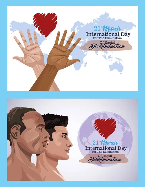 Остановить расизм международный день плакат с анкетами межрасовых мужчин — стоковый вектор