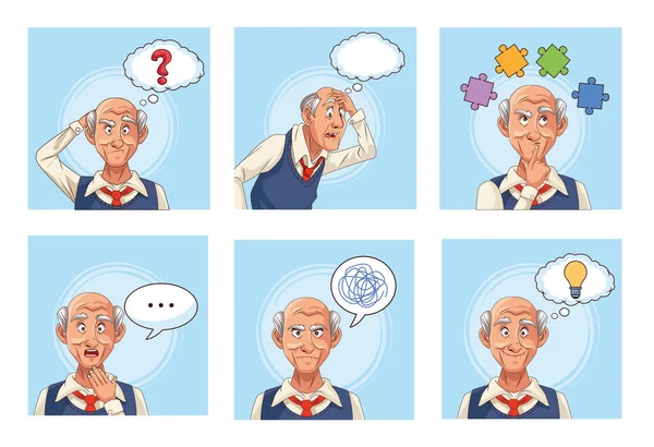 Old men patients of alzheimer disease with speech bubbles an puzzle pieces — Stock Vector