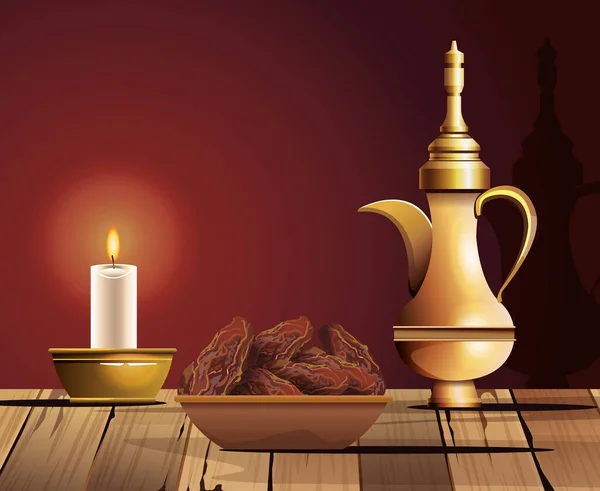 라마단 카림 황금 찻주전자와 음식으로 축하하는 행사 — 스톡 벡터