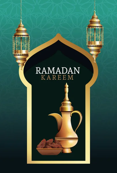 Celebrazione ramadan kareem con teiera d'oro e cibo — Vettoriale Stock