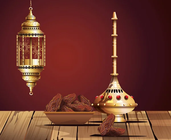 Ramadán kareem oslava s kalichem zlaté a jídlo — Stockový vektor