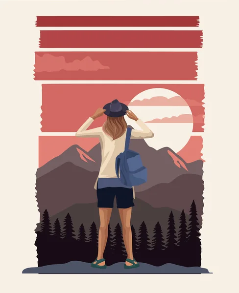 Hermoso paisaje con escena de viajero femenino — Vector de stock