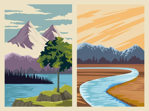 Beautiful landscape with lake and mountain scene — Stock Vector