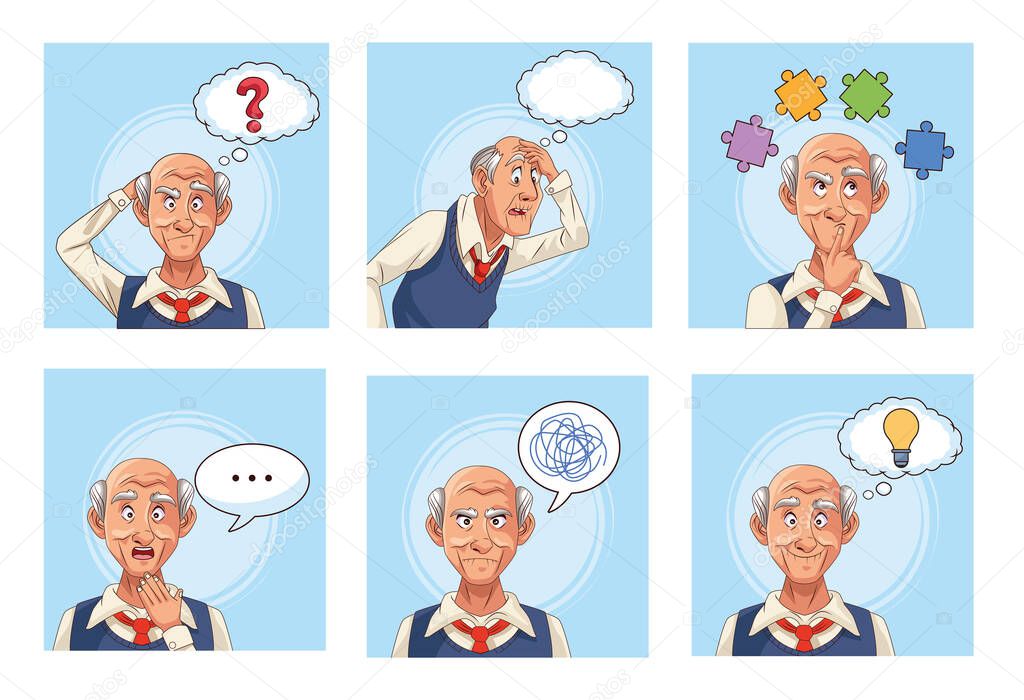 old men patients of alzheimer disease with speech bubbles an puzzle pieces