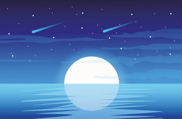 美丽的海景与月亮日出的景象 — 图库矢量图片