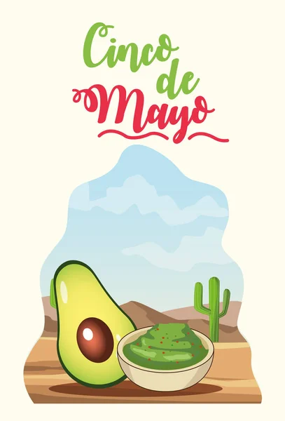 Guacamole çöl sahnesiyle cinco de mayonez kutlaması — Stok Vektör