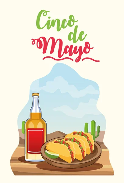 Cinco de mayonez kutlaması tekila ve quesadillas çöl sahnesiyle — Stok Vektör