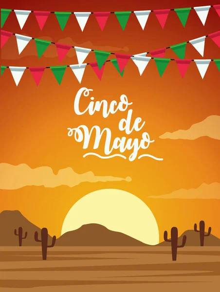 Cinco de mayo celebration with garlands desert scene — Stock Vector