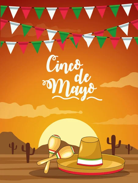 Cinco de mayo celebration with hat and maracas desert scene — Stock Vector